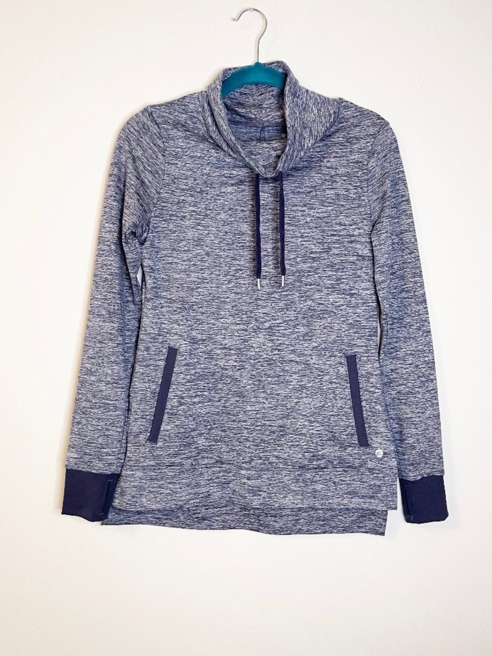 Apana Athletic Pullover Small Gray Blue Cowl Neck Activewear Top Thumbholes